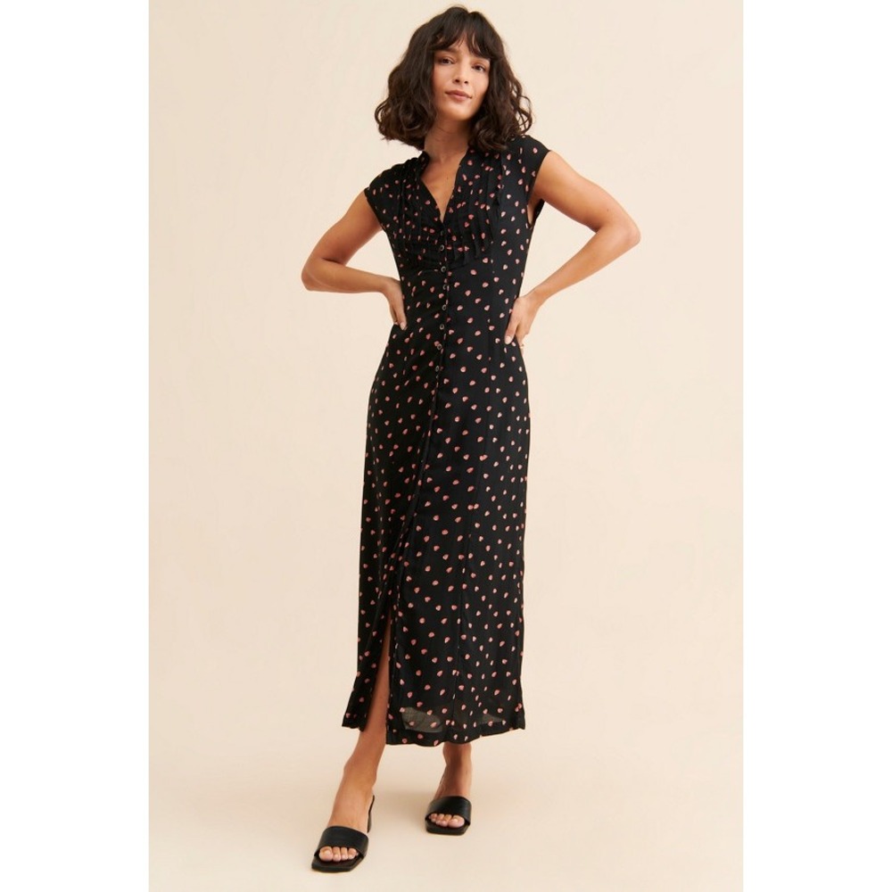 Free People Rosemary Strawberry Print Maxi Shirt Dress Black XL
